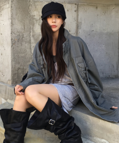 더블 멀티 포켓 워싱 벨티드 오버핏 투웨이 블루종 코튼 집업 자켓 _2COLOR