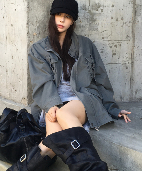 더블 멀티 포켓 워싱 벨티드 오버핏 투웨이 블루종 코튼 집업 자켓 _2COLOR