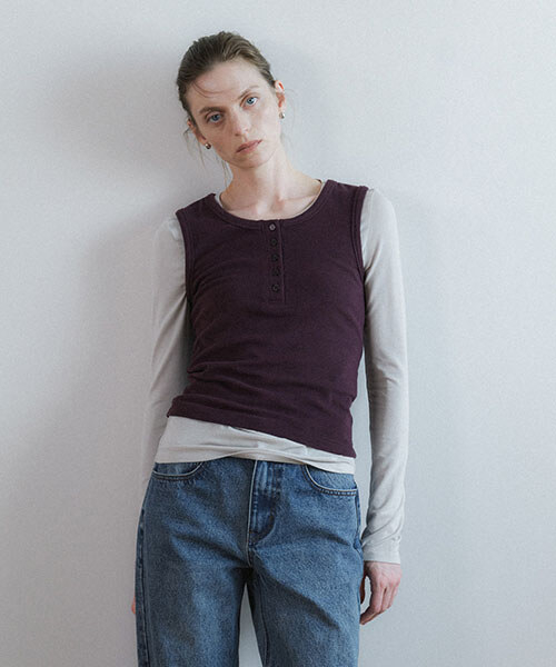 Henley Neck Ribbed Sleeveless Top NEW6AE804