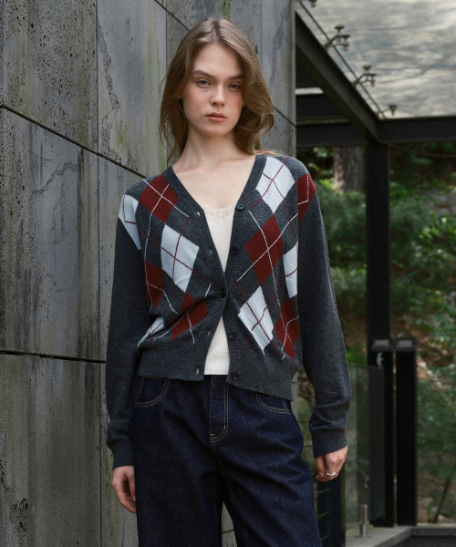 Wool Cashmere Argyle V-Neck Cardigan J1KT621E