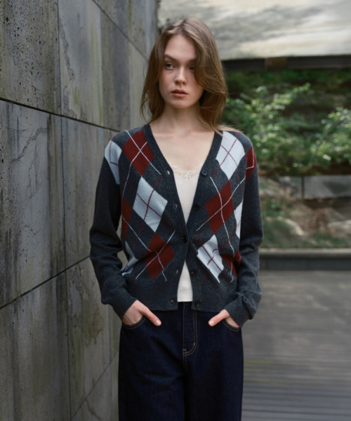 Wool Cashmere Argyle V-Neck Cardigan J1KT621E