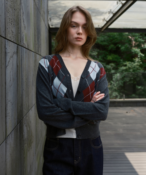 Wool Cashmere Argyle V-Neck Cardigan J1KT621E