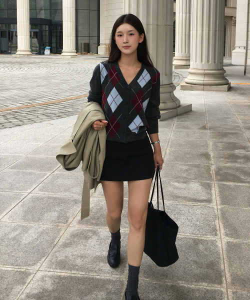Wool Cashmere Argyle V-Neck Cardigan J1KT621E