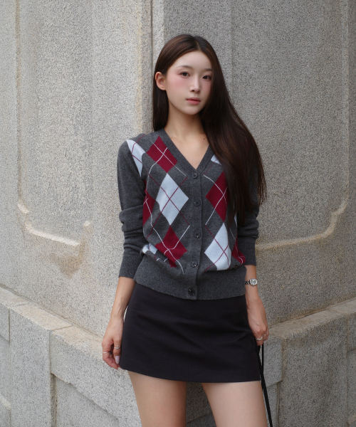 Wool Cashmere Argyle V-Neck Cardigan J1KT621E
