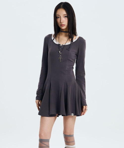 Button Strap Flared Dress (CHARCOAL)