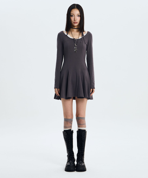 Button Strap Flared Dress (CHARCOAL)