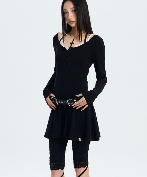 Button Strap Flared Dress (BLACK)