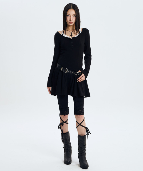 Button Strap Flared Dress (BLACK)