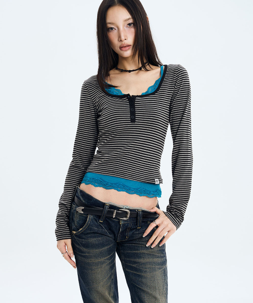 L/S Lace Layered Set (STRIPE)