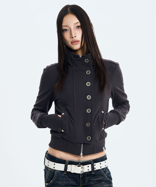 Button High Neck Zip Up (GREY)