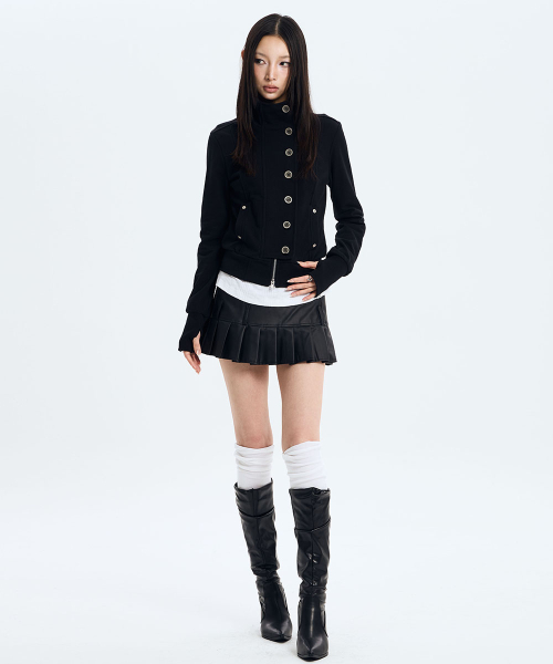 Button High Neck Zip Up (BLACK)