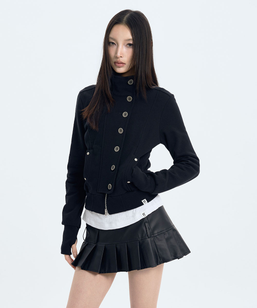 Button High Neck Zip Up (BLACK)