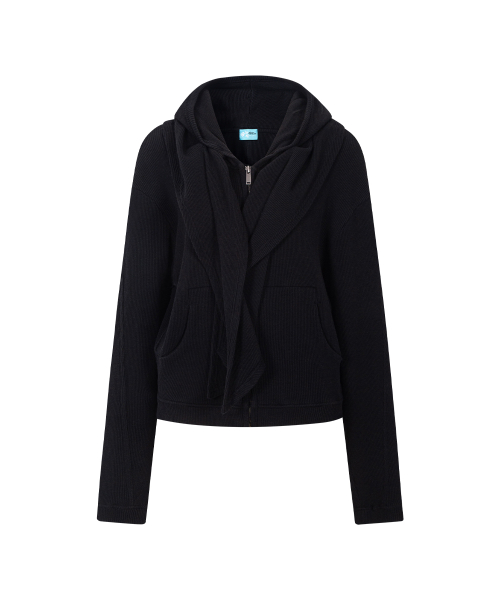 Posie Scarf Waffle Hoodie Zip Up (Black)