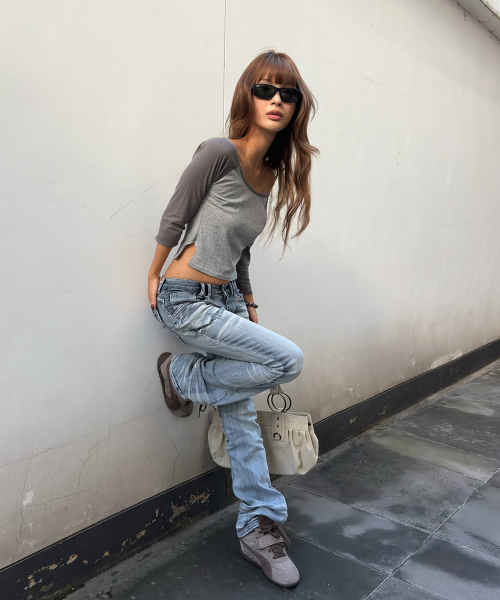 Solene Basic Raglan Long Sleeve Top (Melange Grey)