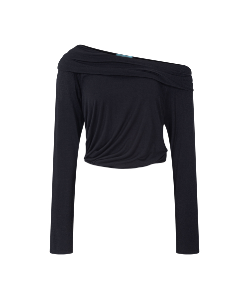 Bree Unbal Shirring Long Sleeve Top (Black)