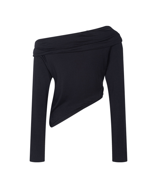 Bree Unbal Shirring Long Sleeve Top (Black)