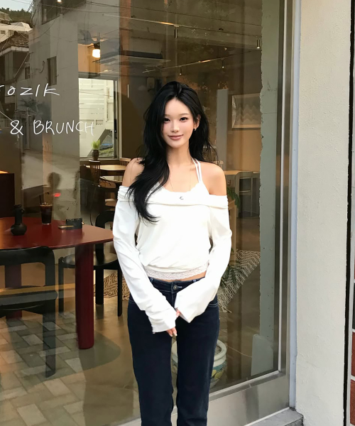 Bree Unbal Shirring Long Sleeve Top (Ivory)