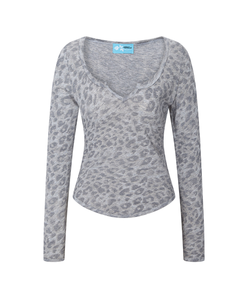 Sabine Leopard Long Sleeve Top (Melange Grey)