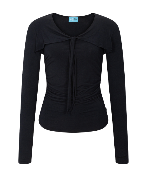 Nari Shirring Long Sleeve Tie Top (Black)