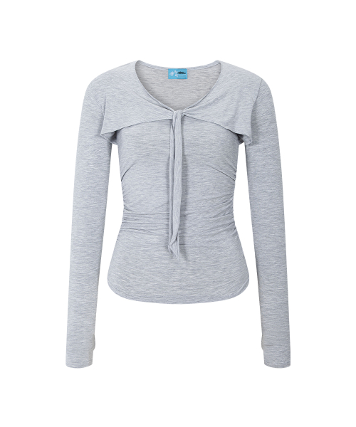 Nari Shirring Long Sleeve Tie Top (Melange Grey)