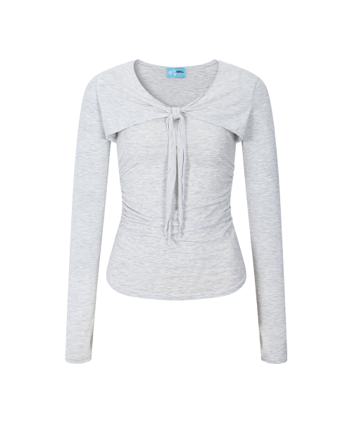 Nari Shirring Long Sleeve Tie Top (White Melange)