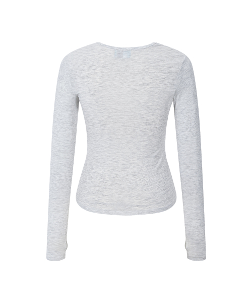 Nari Shirring Long Sleeve Tie Top (White Melange)