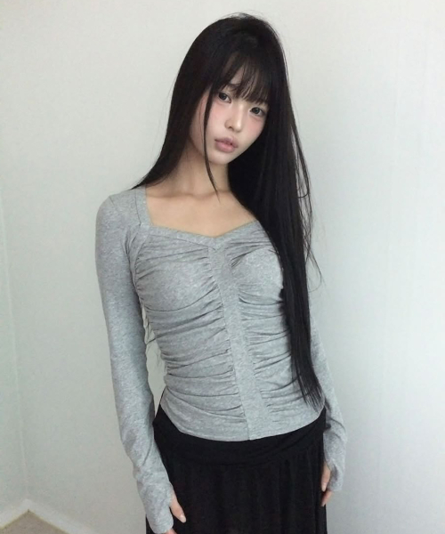 Rowena Shirring Long Sleeve Top (Melange Grey)