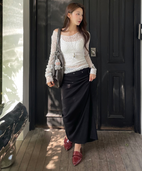 Folded Eyelet Skirt, BLACK