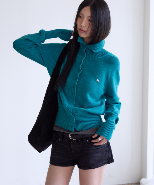 Soft High Neck Cardigan, TURQUOISE GREEN