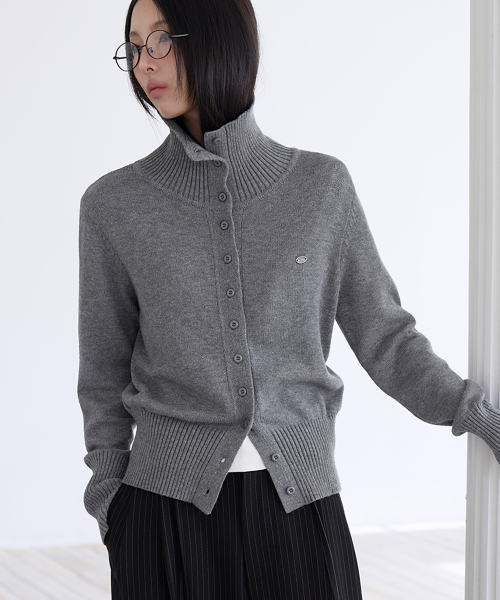 Soft High Neck Cardigan, GREY