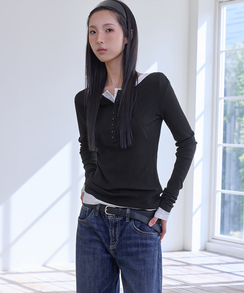 Boat Neck Button-Up Rib Top, 2colors