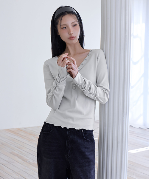 Button V-neck Long Sleeve T-shirts, 3colors