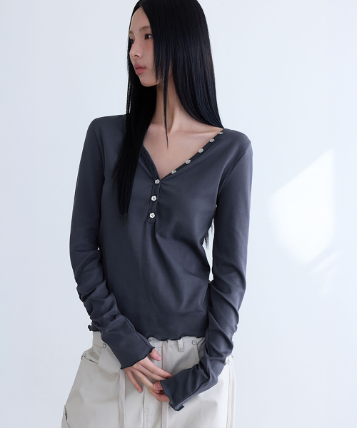 Button V-neck Long Sleeve T-shirts, 3colors