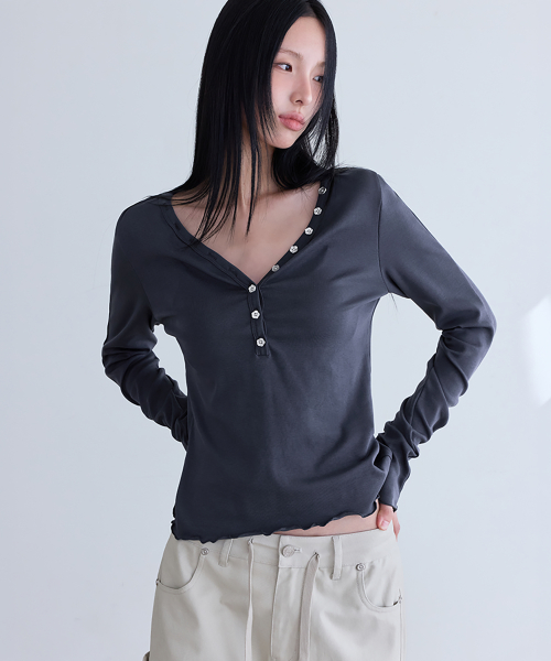 Button V-neck Long Sleeve T-shirts, 3colors