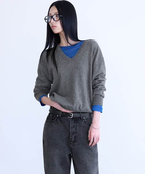 Cashmere Merino V-Neck Knit, GREY
