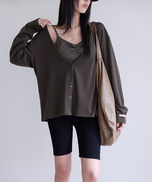 Deep V-Neck Relaxed Cardigan, BROWN