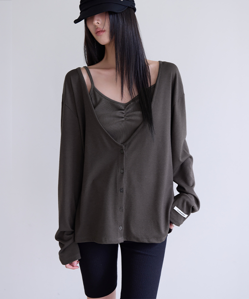 Deep V-Neck Relaxed Cardigan, BROWN
