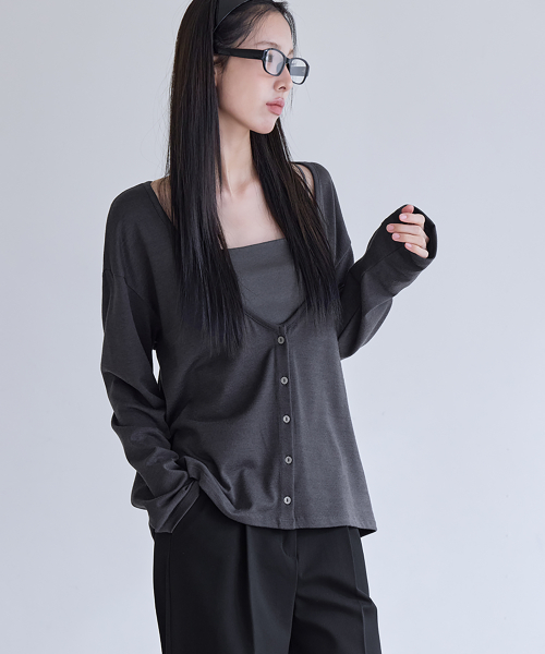 Deep V-Neck Relaxed Cardigan, CHARCOAL