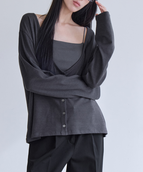 Deep V-Neck Relaxed Cardigan, CHARCOAL