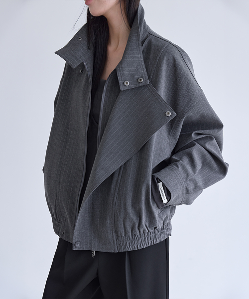 Oversized High-Neck Stripe Blouson, CHARCOAL