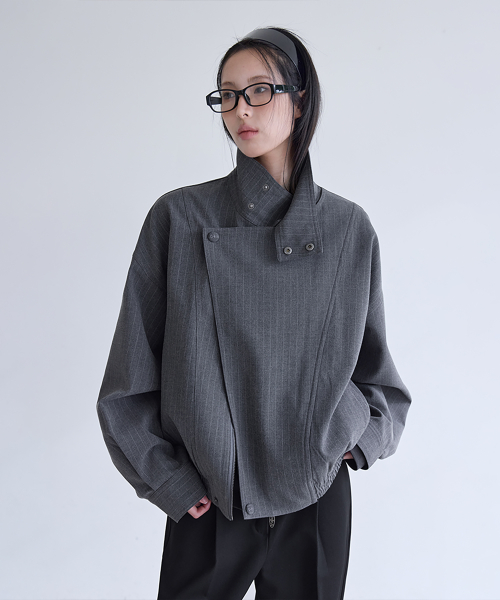 Oversized High-Neck Stripe Blouson, CHARCOAL