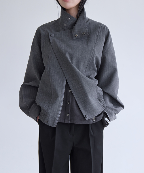 Oversized High-Neck Stripe Blouson, CHARCOAL