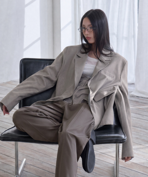 Shirt Lyered Back Slit Jacket, TAUPE