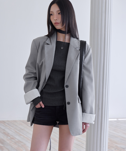 Shirt Lyered Back Slit Jacket, LIGHT GREY
