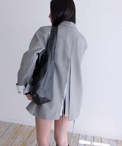 Shirt Lyered Back Slit Jacket, LIGHT GREY