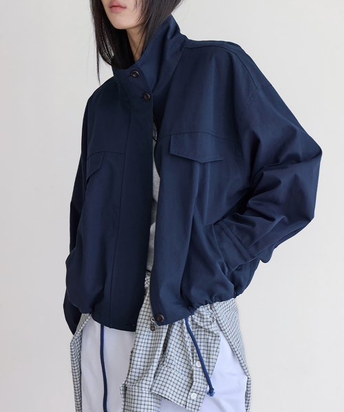 High-Neck Semi-Cropped Field Jacket, NAVY