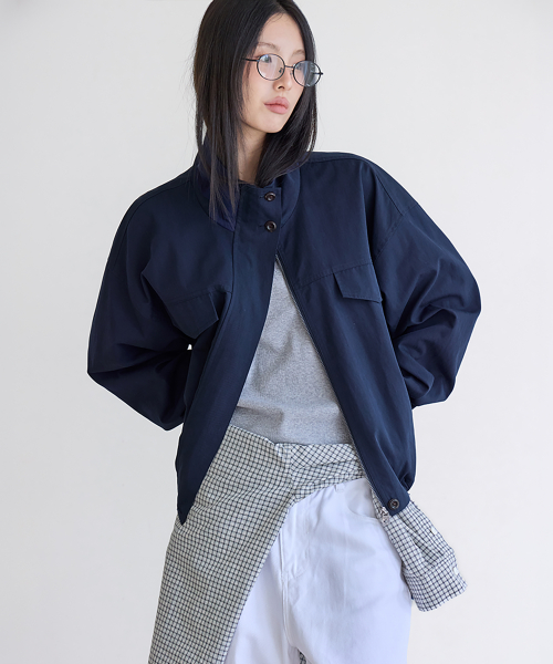 High-Neck Semi-Cropped Field Jacket, NAVY