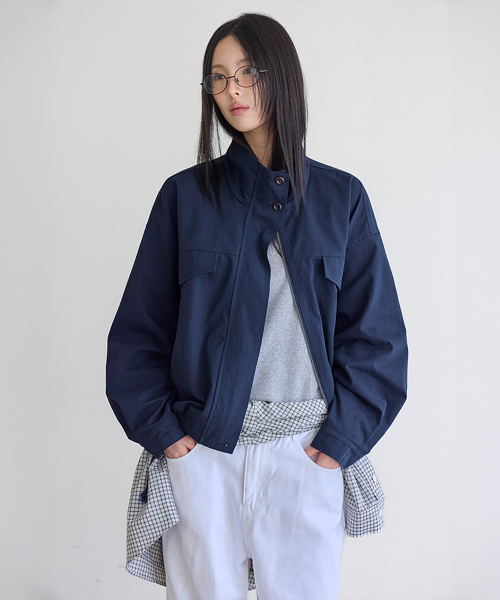 High-Neck Semi-Cropped Field Jacket, NAVY