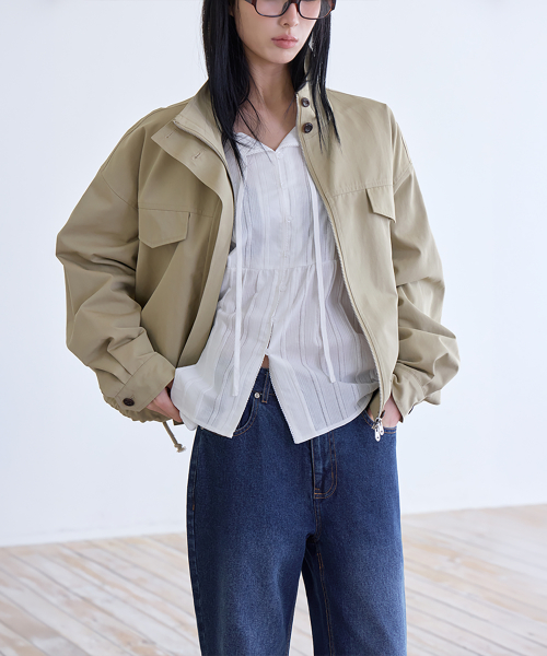 High-Neck Semi-Cropped Field Jacket, BEIGE