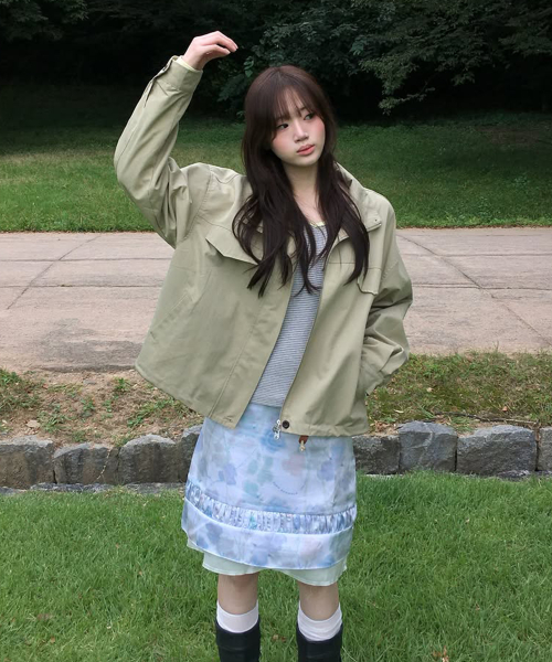 High-Neck Semi-Cropped Field Jacket, BEIGE